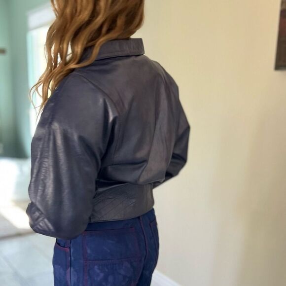 Vintage 80s Nora Ritti Oversized Blue Leather Jacket Belted Cropped Moto Style M - Picture 8 of 16